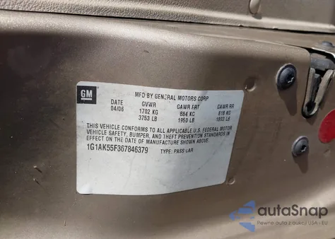 2006 Chevrolet Cobalt Ls z USA, uszkodzony, nr VIN 1G1AK55F367846379